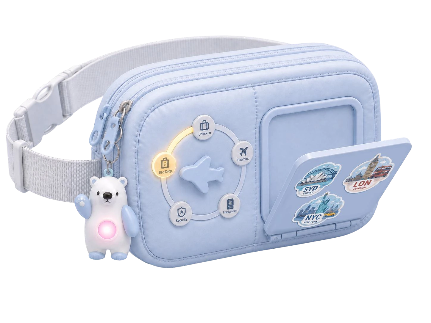 AirPal blue wearable bag with a foldable screen, physical progress dial and bear charm