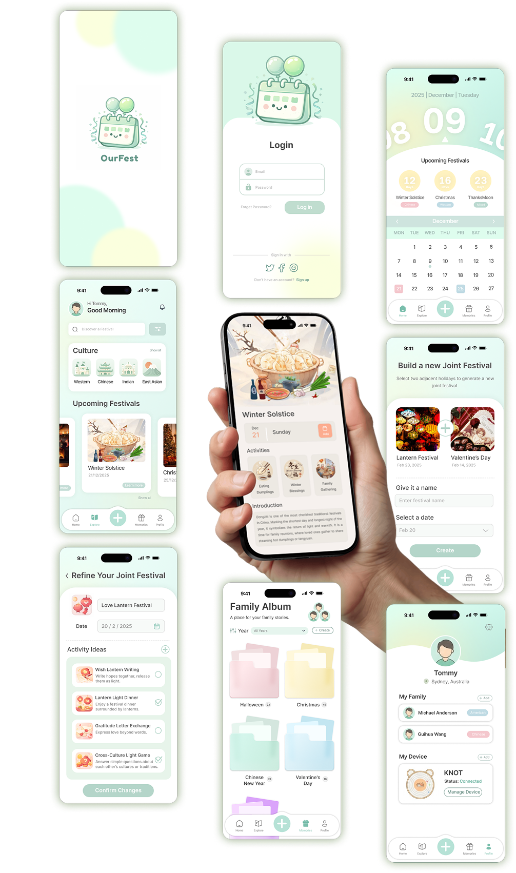 OurFest mobile interfaces showing festival discovery, calendar, joint festival creation, activity planning, family albums and profile.
