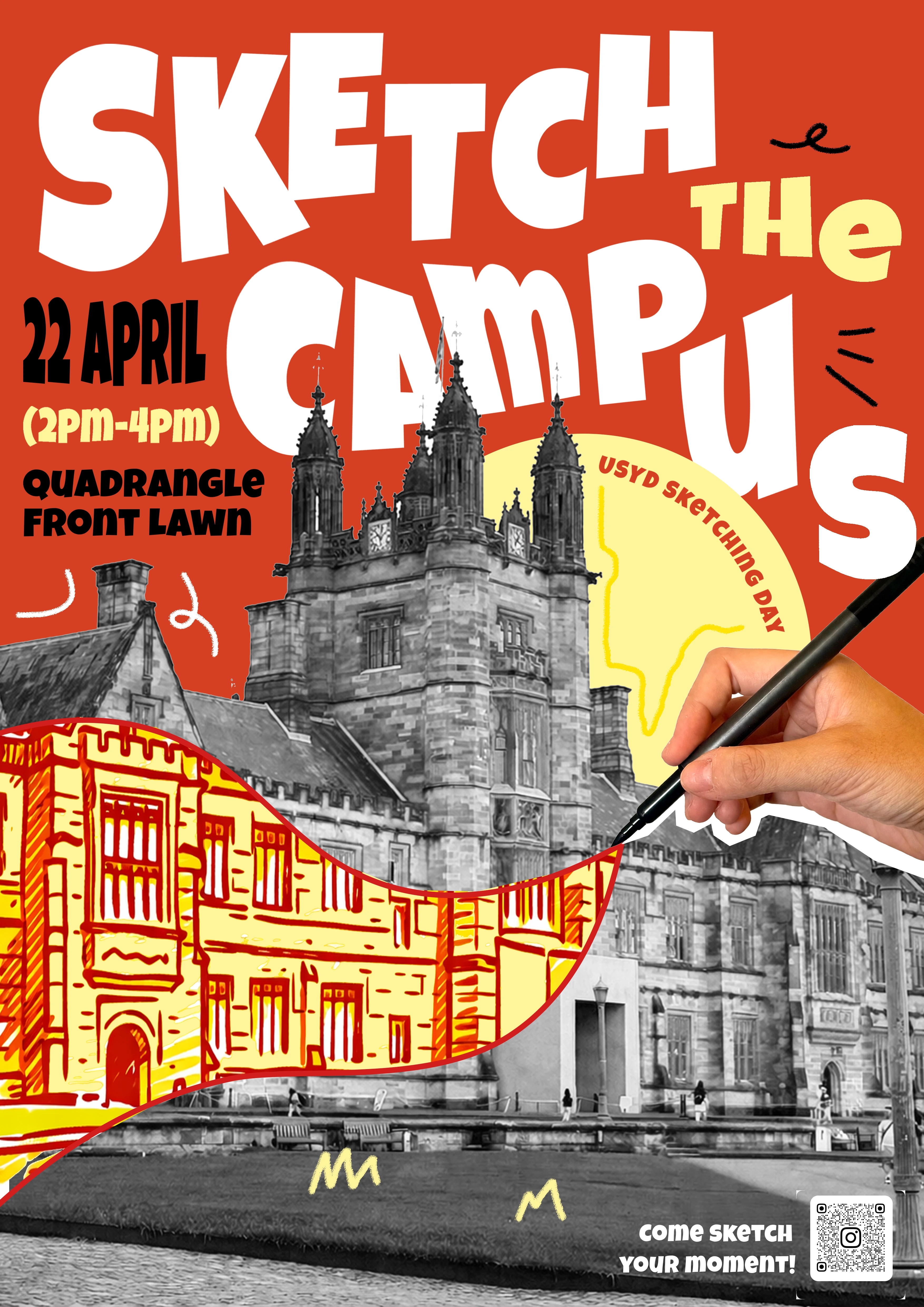Sketch the Campus poster in red, white and yellow, featuring the University of Sydney quadrangle